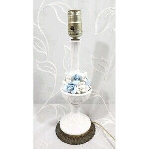 Vintage Capodimonte Style Porcelain Table Lamp Blue Roses Country Romantic Decor